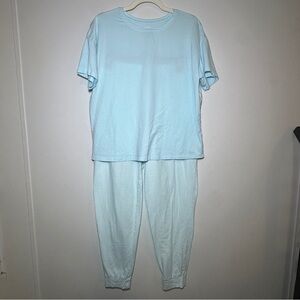 Sonoma Pajama 2 Piece Set Blue Top and Striped Jogger Bottoms Top-M Bottoms-L
